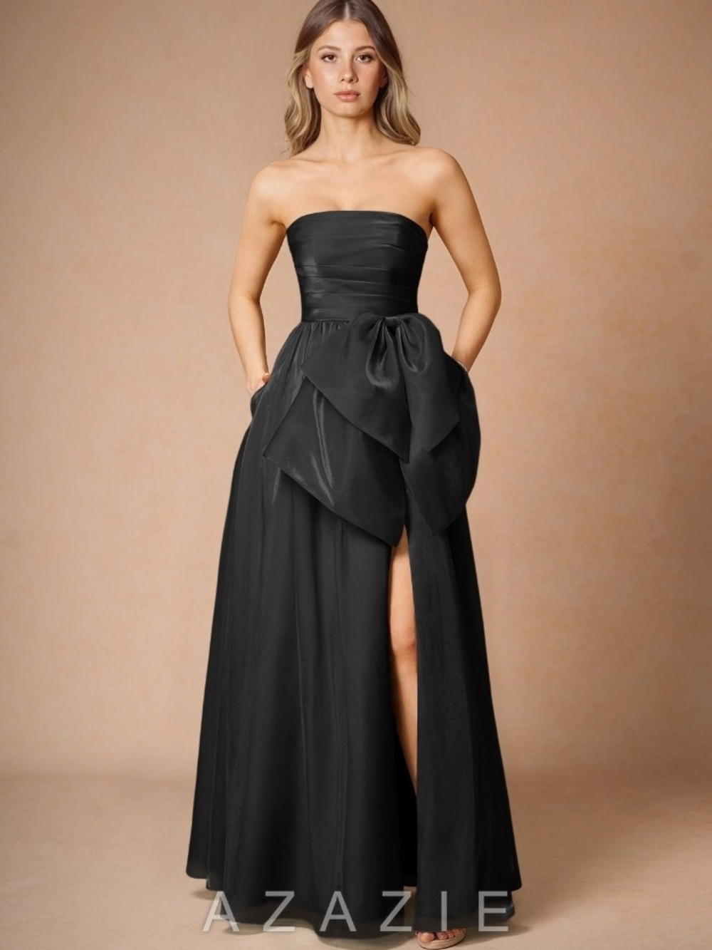 Azazie Strapless Black Peplum Gown with Front Slit - Picture 4 of 4